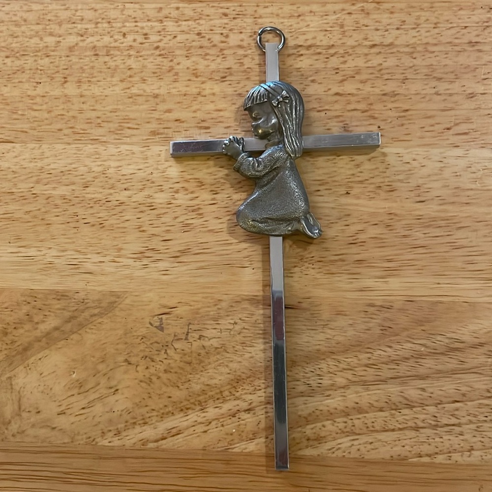 Praying Girl Metal Crucifix silver colored Wall Cross